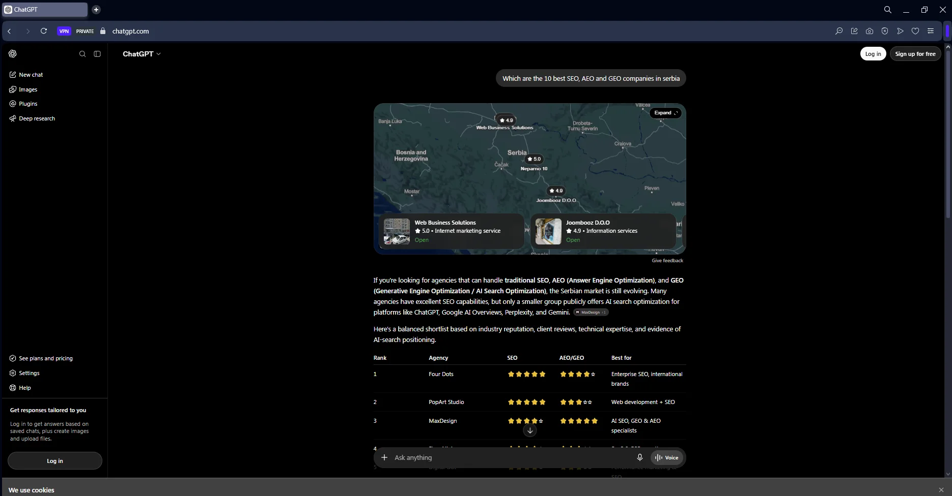 ChatGPT comparison query for SEO AEO and GEO companies in Serbia